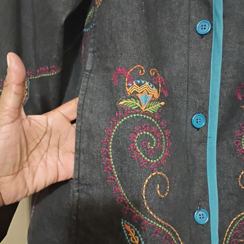 Denim & Co Floral Paisley Embroidered Artisian Inspire Vtg Jean Jacket Lge Boho - Picture 7 of 16